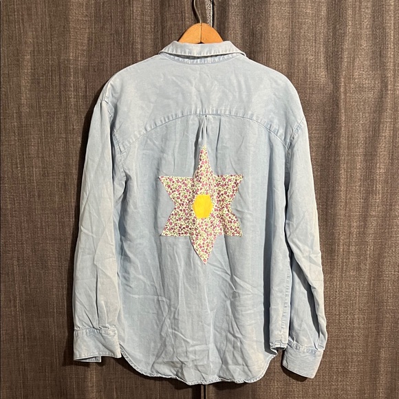 Handmade Tops - Handmade upcycled denim button down large shirt with scrap design